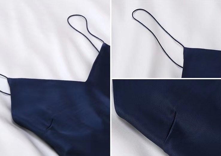 OEM specialfremstillet rygfri silke-slipkjole i marineblå til kvinder med slidsdesign